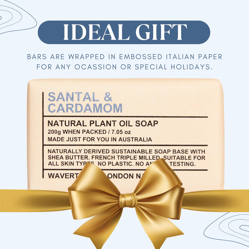 Wavertree & London Santal & Cardamon Scented 100% Natural Soap Bar, 7oz Moisturizing French Triple Milled Soap Bar for Women & Men Enriched with Organic Shea Butter, Pure Bath & Body Soap (1 Bar)