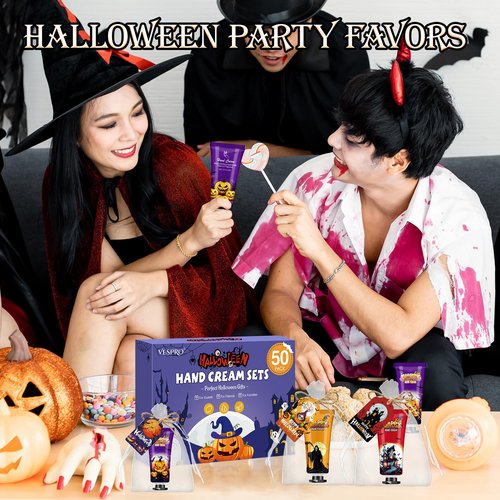 VESPRO 50 Sets Halloween Hand Cream Gift for Women, Hand Lotion for Halloween Party Favors with Halloween Cards and Organza Bags, Halloween Decorations and Bulk Halloween Gifts for Women