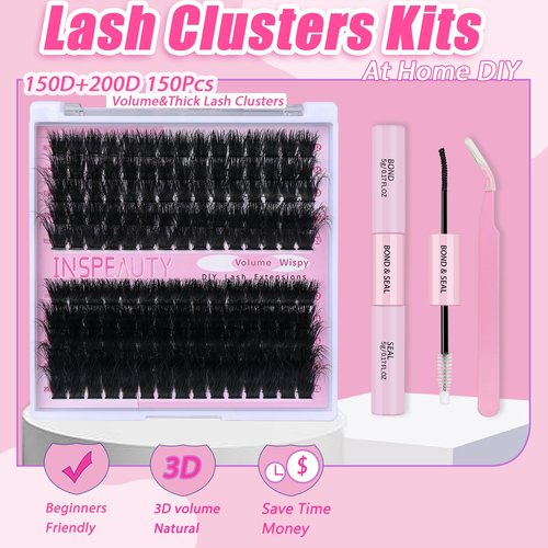 Lash Clusters Kit 150D+200D Thick Lash Clusters Eyelash Extension Kit 12-20mm Individual Lashes Kit with Lash Bond and Seal, Lash Tweezers for DIY Lashes Extension by INSPEAUTY