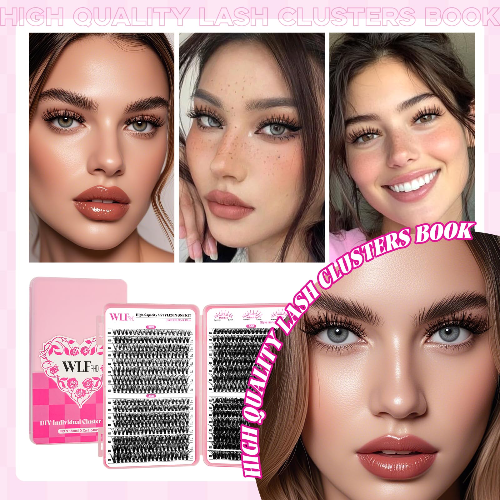 WLF Lash Clusters Kit 640 Pcs Lash Extension Kit Individual Lashes D Curl Clusters Eyelashes Extensions Kit with Lash Book Eyelash Bond and Seal Remover Tweezers Brush(Mix 9-16mm,30D+40D+50D+60D Kit)