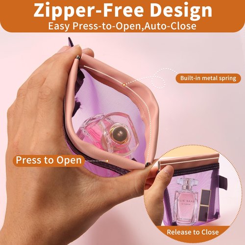 Mini Zipper-Free Pouches, Small Quick-Open Mesh Bags for Makeup Lipsticks Cards, Clear Purse Organizer Daily Essentials Storage Bags, Small Auto-Close Pouches (Pink&Light Blue&Dark Purple&Coffe Brown)