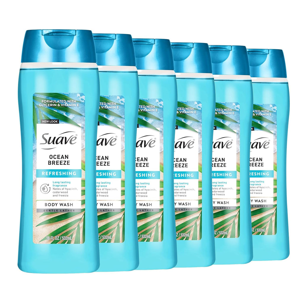 Suave Ocean Breeze Body Wash - Hydrating Glycerin & Vitamin E Formula for Soft Skin | 18 FL OZ, 6 Count