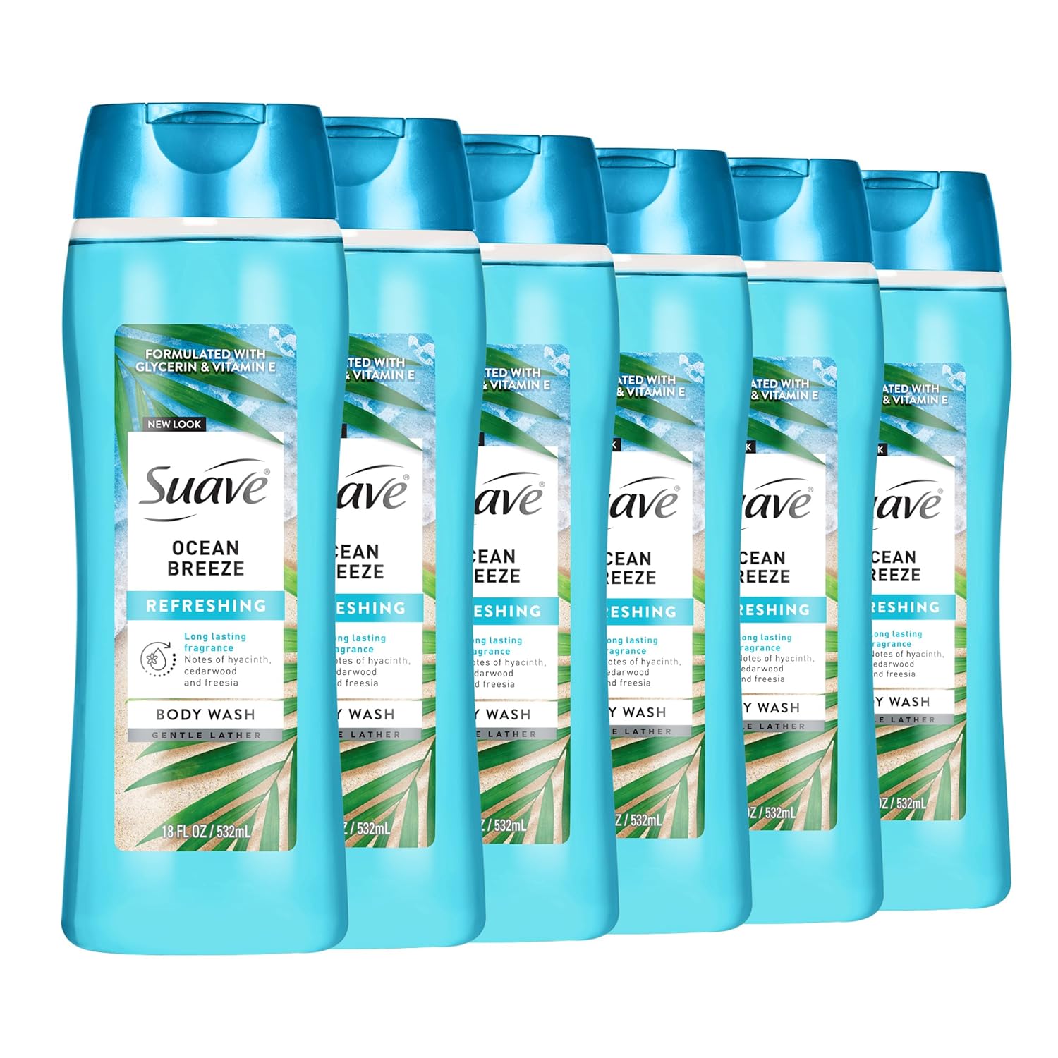 Suave Ocean Breeze Body Wash - Hydrating Glycerin & Vitamin E Formula for Soft Skin | 18 FL OZ, 6 Count