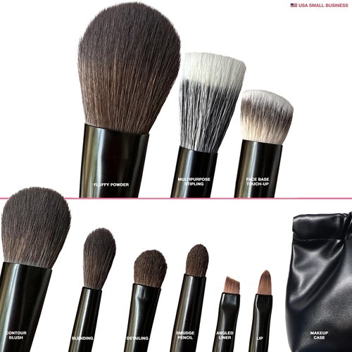 Cosme 9 FULL FACE MINI Short Handle Makeup Brush Set & Case - Small Travel Size Powder, Blush, Concealer, Brow, Eyeliner, Eyeshadow Miniature Make Up Brushes for Home, Purse, Office, Gym, Vacation