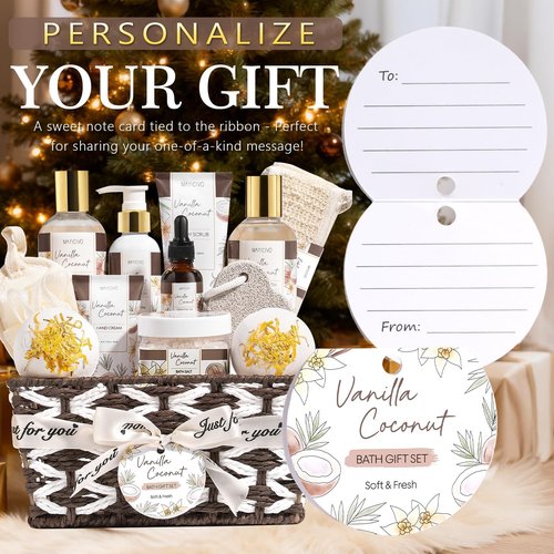 Birthday Gifts for Women, Vanilla Coconut Relaxing Spa Gift Baskets for Women Self Care Package Bath Gift Set, Home Bath and Body Kit Pamper Valentines Day Gifts for Her Womens Mom Friends Sister Wife
