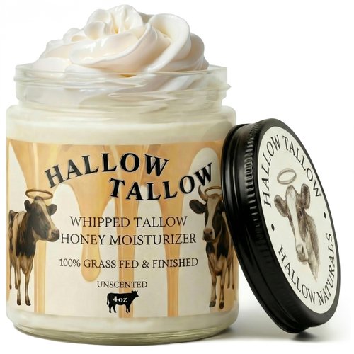 Hallow Tallow Whipped Beef Tallow Moisturizer – 100% Grass-Fed & Finished Tallow Balm with Manuka Honey, Jojoba & Olive Oil, Calendula Extract – Natural Hydrating Face & Body Cream, 4oz