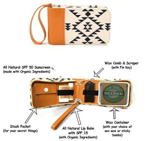 Surfer Gift & Surf Accessory with Stylish Zip Canvas Pouch, Surf Wax Holder, Elastic Loops for Sunscreen, Lip Balm & Wax Scraper - Items shown Included in Surf Kit (White Triangle, Matunas)