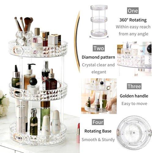 HsaExtriva 360 Rotating Makeup Organizer, 3 Tier Diamond Pattern Perfume Organizer, 10.7" Large Capacity Skincare Lotion Organizer, Designed for Vanity and Bathroom Countertops, Clear