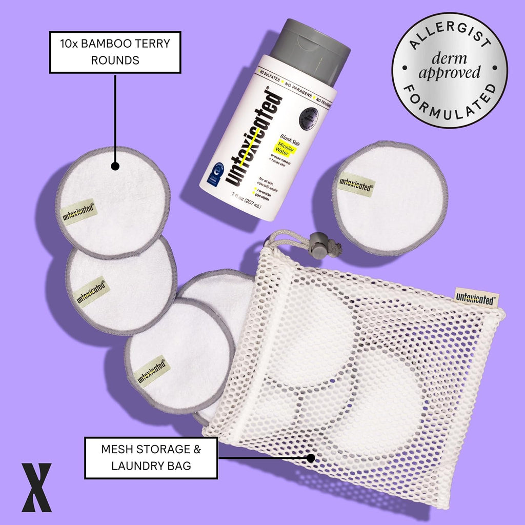 Untoxicated Ultra Soft Cleansing Pads - Reusable Bamboo Terry Rounds for Sensitive Skin - 10CT with Washable Storage Bag
