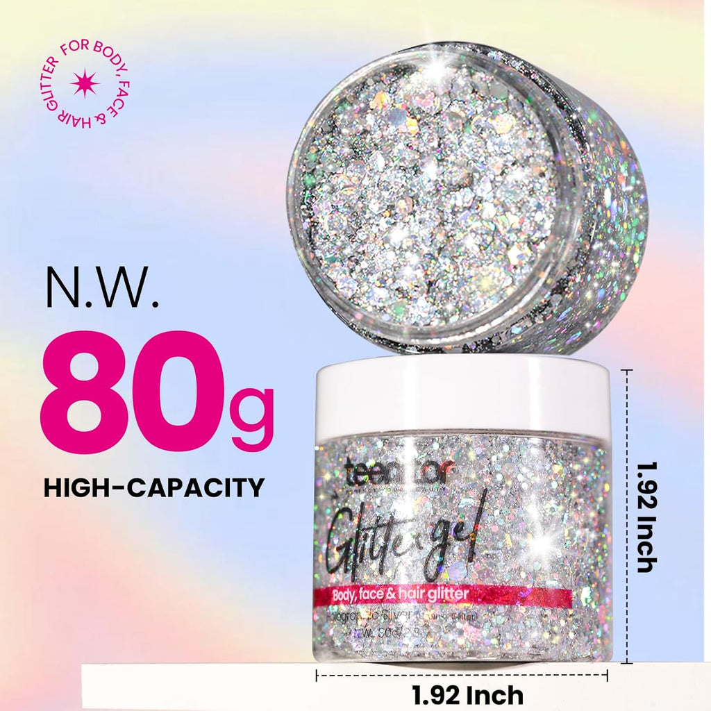 Teenitor Body Glitter Gel - Holographic Chunky Makeup for Face, Hair & Eyes | Silver Color