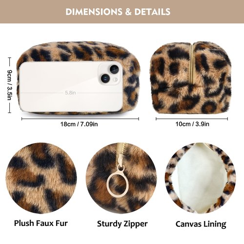 STARDW Leopard Print Makeup Bag - Plush Faux Fur Travel Cosmetic Pouch with Zipper