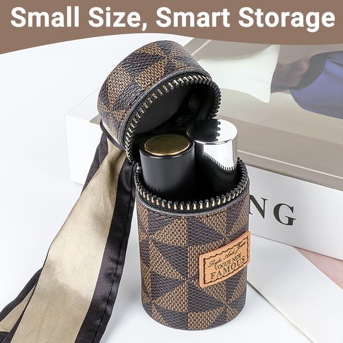 Adorila 2-Pack Zippered Lipstick Case Keychain with Scarf Charm, Mini Vegan Leather Lip Gloss Pouch for Purse (Brown+White)