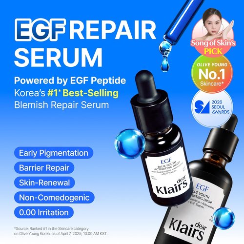 DearKlairs EGF Serum - Blue Youth Activating Drops for Barrier Repair & Post-Blemish Care, 1.69 Fl Oz