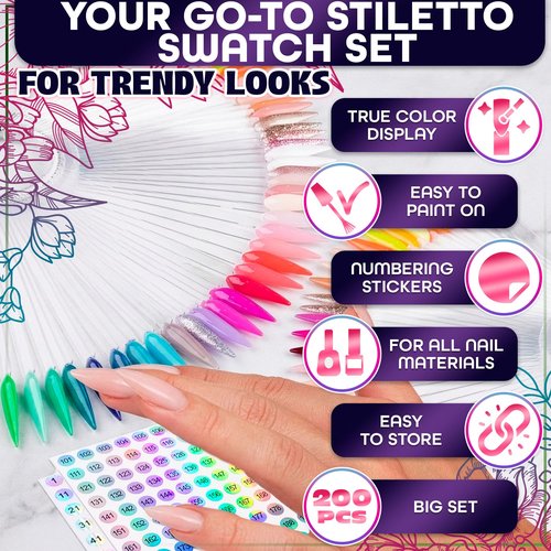 200 Pcs Nail Swatch Sticks Stiletto – Polish Color Swatches with 4 Metal Rings & Numbering Stickers – True Color Visibility, Easy Layer Control | Works with Art Decals and Nail Art Striping Tape Lines