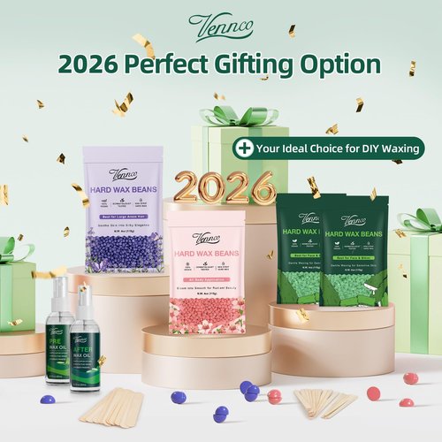 Vennco Hard Wax Beads Kit for Hair Removal, 36 Pieces Wax Beads for Full Body, Face, and Brazilian Bikini, Aloe, Lavender, Cherry Blossom - Includes Pre and Post Wax Oils
