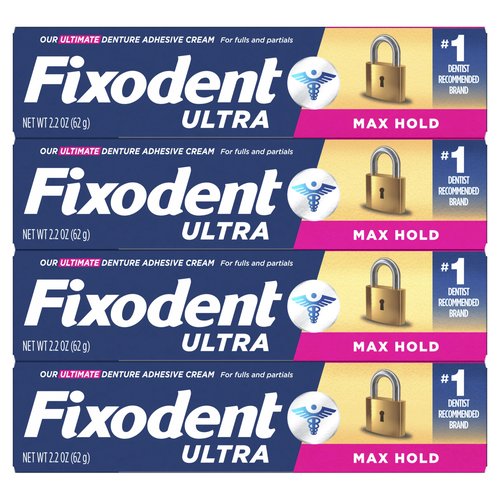 Fixodent Ultra Max Hold Secure Denture Adhesive Cream for Full and Partial Denture Wearers, 2.2oz (Pack of 4)