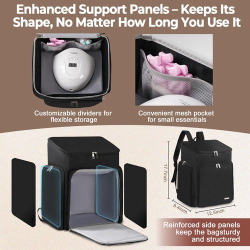 DERSTUEWE Professional Nail Polish Organizer Backpack, Black Storage Case with Multiple Compartments, Portable Travel Carrying Bag for Nail Art Supplies
