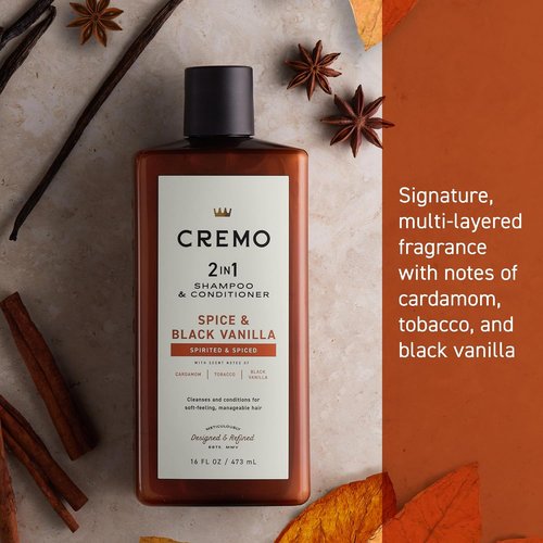 Cremo Spice & Black Vanilla 2-in-1 Shampoo & Conditioner - Barber Grade Moisturizing Formula, 16 Fl Oz