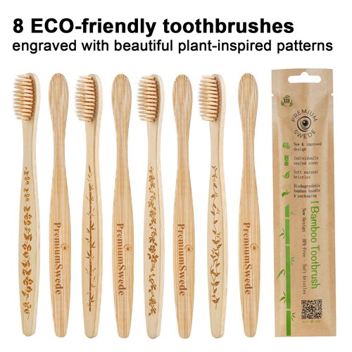 Premiumswede Bamboo Toothbrushes Soft Bristles Adult - 8 Pack Eco-Friendly Bamboo Toothbrushes Individually Wrapped - Sealed Soft Bristle Toothbrush - Biodegradable Natural Wooden Toothbrush