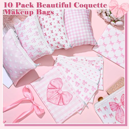 Reginary 10 Pcs Coquette Bow Cosmetic Bag for Women's Day Mother's Day Wedding Nurses Aesthetic Makeup Bag Lovely Heart Preppy Pouch Zipper Coquette Party for Bridal Shower Gift(Pink,Lovely Heart)