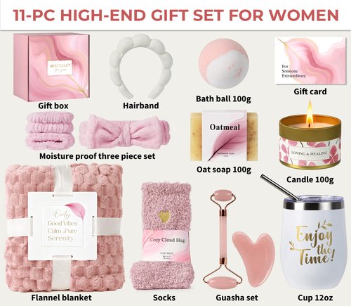 Mirasphere Spa Gift Baskets for Women - Self Care Gifts Kit for Women - Get Well Soon Cozy Relaxation Home Self Care Kits Set Valentine's Day Gifts for Woman Mom Best Friends Sister Wife, Pink