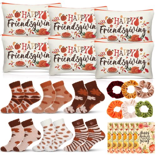 SilTriangle 6 Set Happy Friendsgiving Gift Includes Makeup Bag, Colorful Warm Fuzzy Crew Socks, Velvet Scrunchies and Happy Friendsgiving Card for Thanksgiving Fall Party Supplies Guest Friends Gift