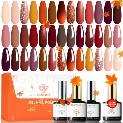 modelones 24 PCS Gel Nail Polish Kit, 20 Colors Fall Pink Brown Nude Orange Gel Polish Set with Glitter, Glossy and Matte Top Base Coat Home DIY Manicure Nail Art Design Gifts