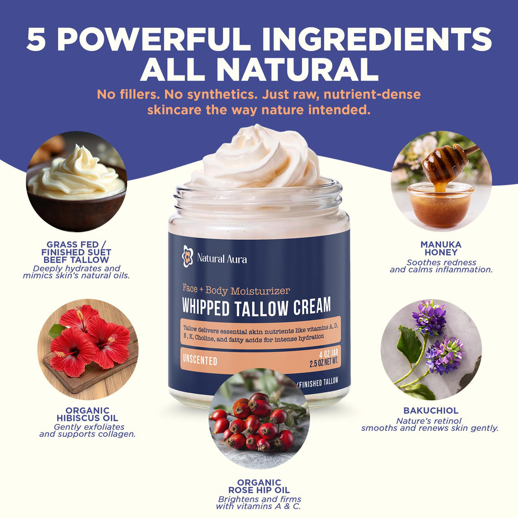 Whipped Beef Tallow for Skin - Face + Body Moisturizer, 100% Grass Fed Grass Finished Tallow and Honey Balm for Sensitive Skin - Natural Lotion - Free of Harsh Chemicals - 4oz, (Unscented)