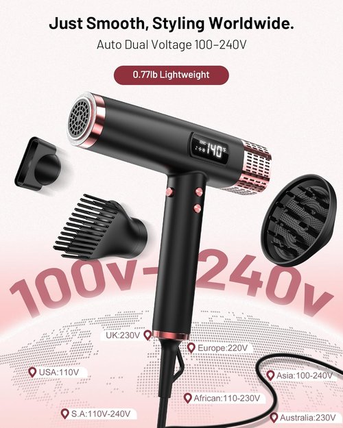 Skiennix Dual Voltage Ionic Hair Dryer - 1875W Fast Drying with Diffuser | Lightweight & Low Noise for Travel
