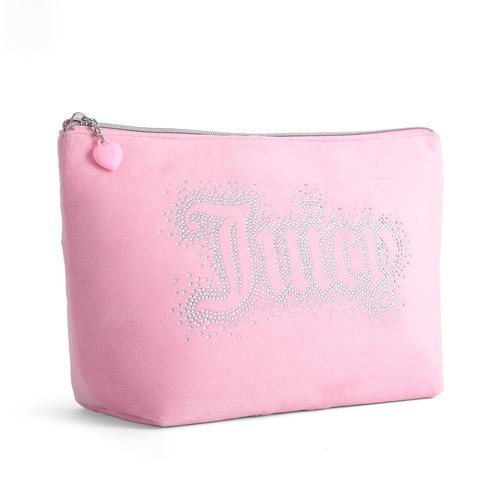 Juicy Couture Pink Makeup Bag Cosmetics Organizer Travel Essentials Top Zip Pouch Rhinestone Velour