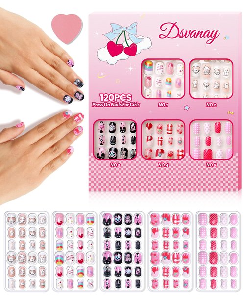 120PCS 5 Pack Press on Nails for Kids,Tweens Girls Soft Fake Nail Kit, Reusable Creative Design Nails, Full Cover Glitter Stick on Nails Girl Nails for Ages 8-12