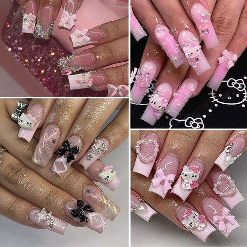 6Girds/Box Cartoon Nail Art Charms Set, 3D Cute Nail Rhinestones Charm Nail Bow and Heart 3D Flowers for Nails Design, Gems Pearls Nail Jewelry DIY Crafts Nail Art Accessories Manicure Tools