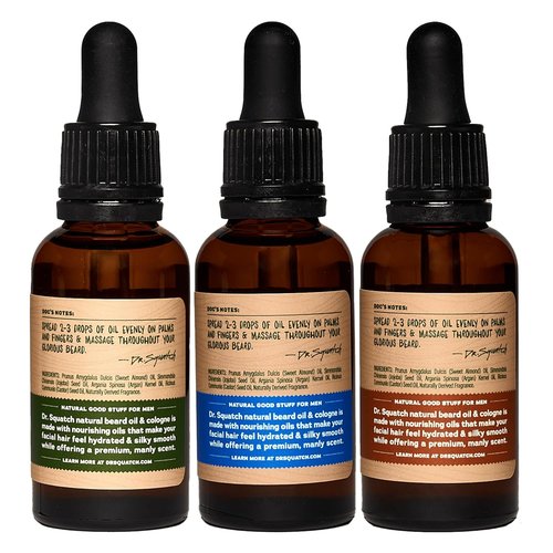 Dr. Squatch Conditioning Beard Oil - Nourishing Men's Beard Oil Gift Pack | 3 Long-Lasting Scents: Fireside Bourbon, Glacial Falls, Woodland Pine