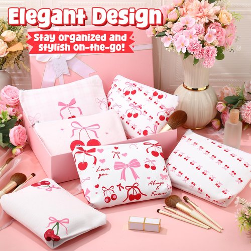 Kacctyen 12 Pcs Pink Cherry Bow Coquette Makeup Bag Cute Bow Canvas Cosmetic Bag International Womens Day Gifts for Women Girl with Zipper Aesthetic Travel Pouch Birthday Party Favor