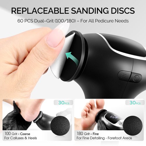 L'UGX Electric Callus Remover for Feet –Powerful 8N·cm Torque Professional Pedicure Foot File, 3-Speed Settings, LCD Display, 60pcs Sandpaper Discs, Type-C Rechargeable, Ergonomic Handle