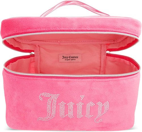 Juicy Couture Makeup Bag - Pink Velour Organizer with Rhinestones | Travel Essentials Train Case