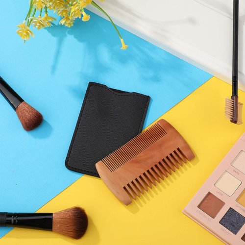 Natural Sandalwood Dual Action Beard & Moustache Combs with Faux Leather Cases (6 Pieces, Yellow)