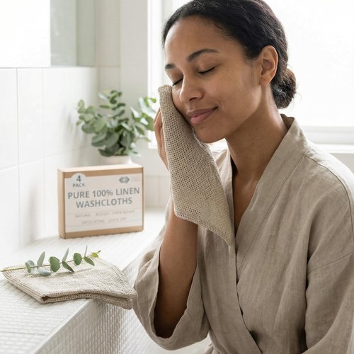 Thing Stories Linen Exfoliating Washcloth for Face - 4-Pack - 100% Flax Linen Washcloths - 12x12-inch Small Exfoliating Towel - Natural Face Towel Wash Cloth