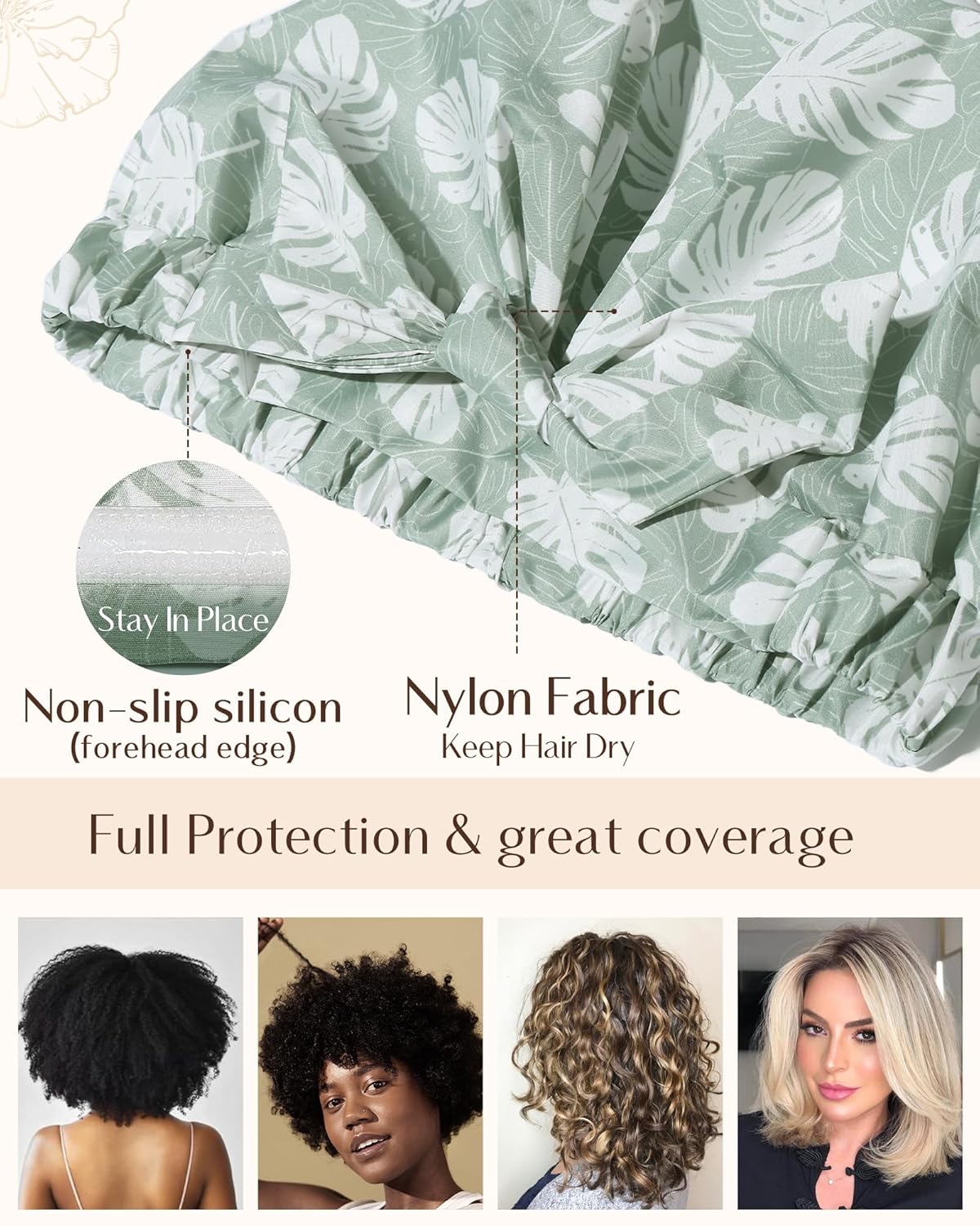 Yanibest Waterproof Shower Cap for Women - Reusable Adjustable Non-Slip Bath Hat for Long Hair | Green