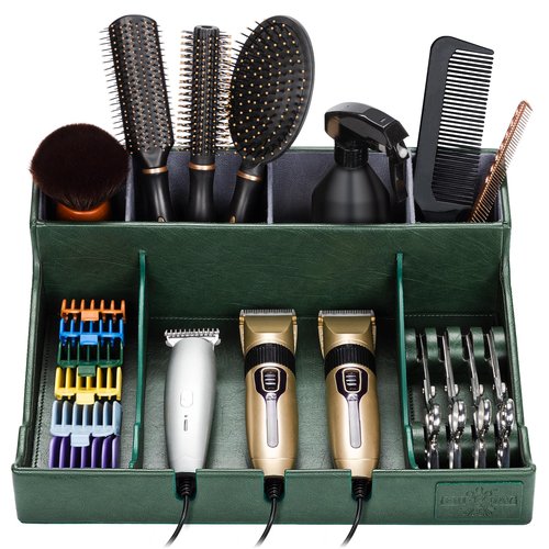 Upgrade Large PU Leather Barber Station Organizer for Clippers & Guards, 15x12x5 inch Multifunctional Barber Organizer Tray Salon Tools Storage, Detachable Salon Countertop Tray for Hairdressing Tool