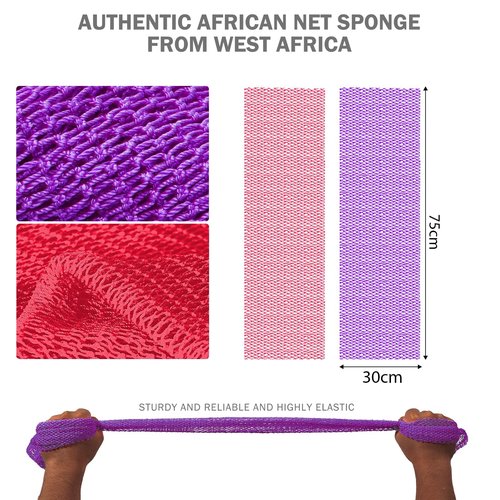 UJFQBH African Net Sponge 2-Pieces, Authentic Exfoliating Body Scrubber for Shower & Bath, Deep Cleansing Lather for Dead Skin Removal, Back Scrubber for Women & Men (Rose Red & Purple)