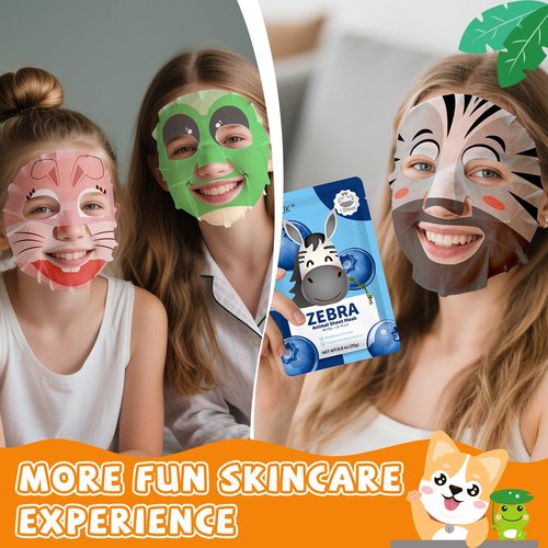 KONEUK 9 Pack Animal Face Masks Skincare for Kids, Bulk Sheet Hydrating Face Mask for Kids Skin Care, Collagen Face Mask for Teens Women, Valentines Day Gifts, Spa Party Gifts for Teen Girls