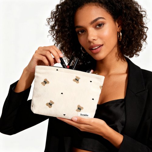 lllyan 2 Pcs Makeup Bag Travel Canvas Organizer Cosmetic Bag for Purse Toiletry Bag with Zipper For Women Travel Essentials Tool Pouch for Women and Girls（Beige khaki bear）