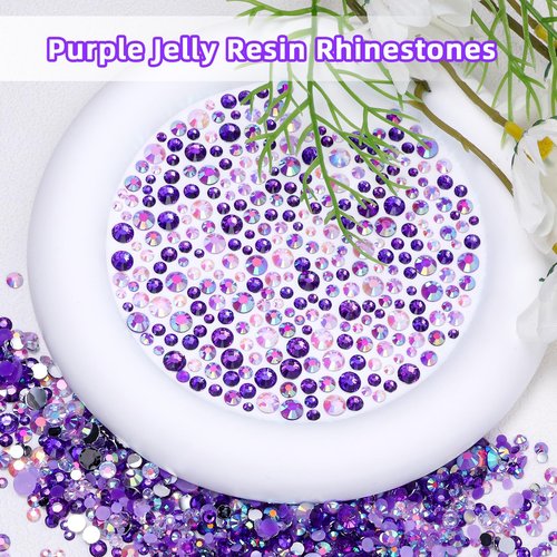 18000 Pcs 3D Purple Jelly Rhinestones for Crafting, Flatback Resin Jelly Bedazzled Gems for Crafts, 3-6 mm Half Round Gems Rhinestones for Nails Art Eyes Makeup DIY Crafts Supplies