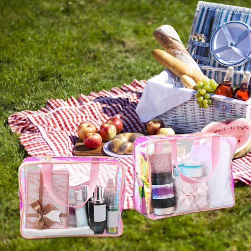 Sweetude 10 Pcs Large Clear Toiletry Bag Large Capacity Travel Iridescent Makeup Bag PVC Clear Plastic Tote Punch Cosmetic Clothes Organizer for Women Men(Pink)