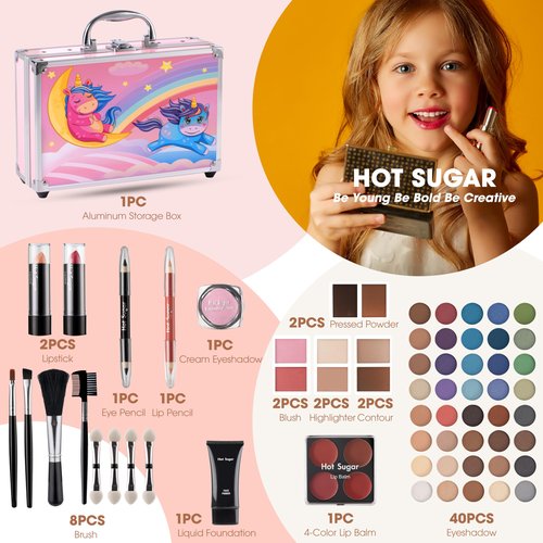 Hot Sugar Makeup Kit for Little Girls 4-6, Girls Makeup Set Ages 8-12, With Unicorn Aluminum Cosmetic Box