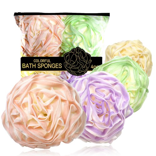 Large Loofah Bath Sponge 70g, 6.3 Inch Exfoliating Shower Loofah, Soft Durable PE Mesh with Reinforced Knotting, Rich Lather Body Wash Scrubber, Sweet Little Gifts Set (B-4Pack)