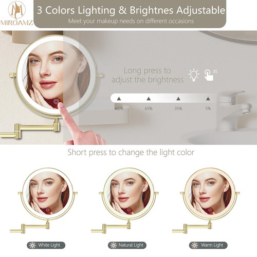 MIROAMZ Rechargeable Wall Mounted Lighted Makeup Vanity Mirror 9 Inch Double Sided 1X 10X Magnifying Bathroom Mirror, 3 Color Lighting, Touch Screen Dimming, 360 Rotation Shaving Mirror Gold