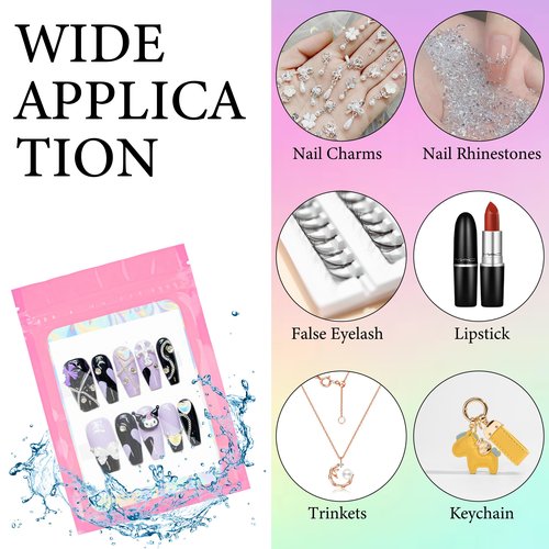 Qenk 100PCS Empty Holographic Nail Storage Bag Press on Nail Packaging Bag and 100PCS Shiny white cardboard Nail Tips Packaging Bags with 1 Roll Transparent Tape (Pink)