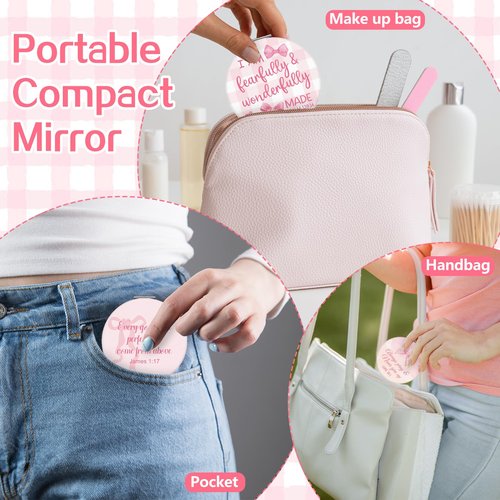 12 Pcs Pink Bow Coquette Mini Compact Mirrors Inspirational Christian Gifts Bulk for Women Portable Round Bible Verse Pocket Makeup Mirror Religious Gifts for Women Office School Church Party Favor